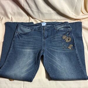 K Jordan Blue Straight Leg Jeans with Floral Embroidery